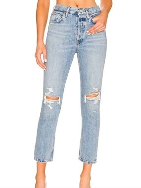 AGOLDE Jamie High Rise Destroyed Slim Straight Leg Jeans Light Wash Size 25